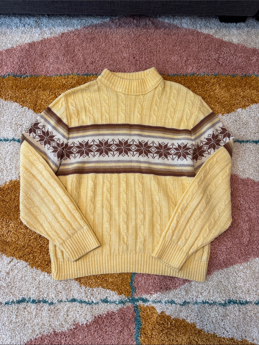 Vintage 70s Era Jantzen Yellow Nordic Cable Knit Sweater Large